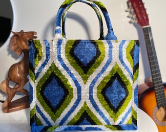 Ikat-tygväska, siden- och sammetstygväska, sammets-ikat-väska, blågrön tygväska, handgjord ikat-tygväska, stor sammetshandväska, väska för kvinnor