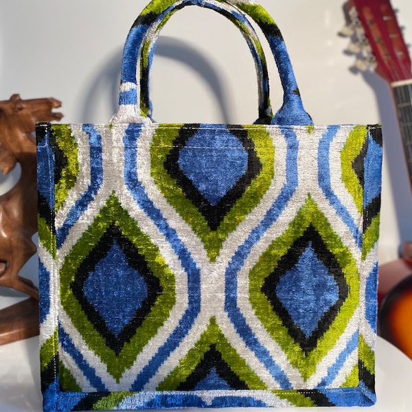 Ikat Tote Bag, Silk Velvet Tote Bag, Velvet Ikat Bag, Blue Green Tote Bag, Handmade Ikat Tote Bag, Large Velvet Handbag, Bag for women