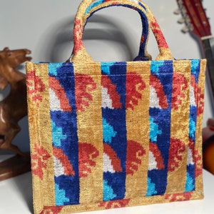 Ikat Tote Bag, Silk Velvet Tote Bag, Velvet Ikat Bag, Yellow Colorful Tote Bag, Handmade Ikat Tote Bag, Large Velvet Handbag, Bag for women