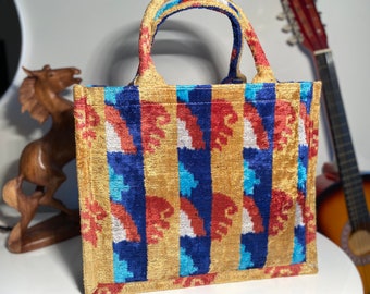 Ikat-tygväska, sidenväska i sammet, ikat-väska i sammet, gul färgglad tygväska, handgjord ikat-tygväska, stor sammetshandväska, väska för kvinnor