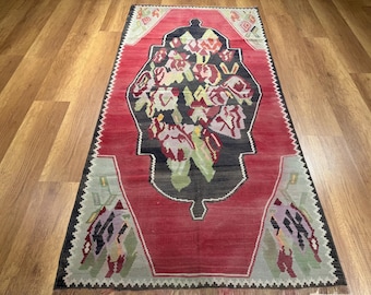 Roze kelimtapijt, vintage karabijn kelimtapijt, groot kelimtapijt, dubbelzijdig bloementapijt met bloemen, vintage kelimtapijt, handgemaakt roze kelimtapijt 3 x 6