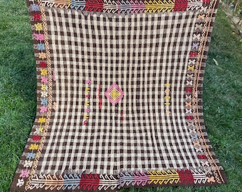 Square Turkish Rug, Colorful Kilim Rug, Vintage Handwoven Kilim Rug, Beige Brown Rug, N atural Anatolian Rug, SquareArea Kilim Rug 3’9”x3’6”