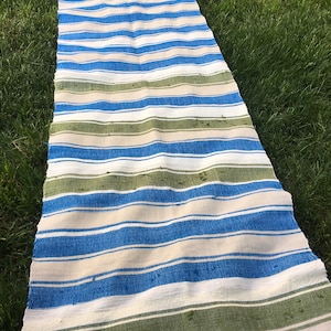 Puede incluir: Una alfombra larga y rayada con rayas azules, blancas y verdes. La alfombra est&aacute; hecha de un tejido tejido y tiene una superficie ligeramente texturizada.