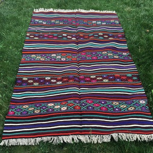 Turkish Kilim Rug, Striped Floral Rug, Kilim Rug, Handmade Rug, Vintage Kilim Rug, Wool Rug, Colorful Area Rug, Kitchen Rug, Natural Rug