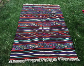 Turkish Kilim Rug, Striped Floral Rug, Kilim Rug, Handmade Rug, Vintage Kilim Rug, Wool Rug, Colorful Area Rug, Kitchen Rug, Natural Rug