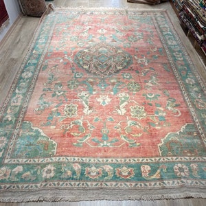 Pink Turkish Oushak Rug, Large Oushak Rug, Green Pink Area Rug, Vintage Pink Handmade Low Pile Rug,Decorative Large Rug, 6’3”x9’1”ft