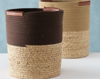 "Zahara" decorative basket, in a 2-piece set, with leather handle