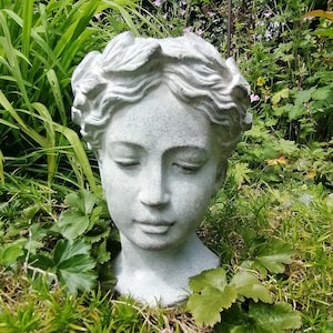 Könnte beinhalten: Eine graue Steinskulptur eines Frauenkopfes, eingebettet in üppiges grünes Laub. Die Skulptur zeigt ein friedliches Gesicht mit geschlossenen Augen und detaillierten Haaren. Der Kopf ist von verschiedenen Pflanzen umgeben, wodurch eine natürliche Gartenumgebung entsteht.