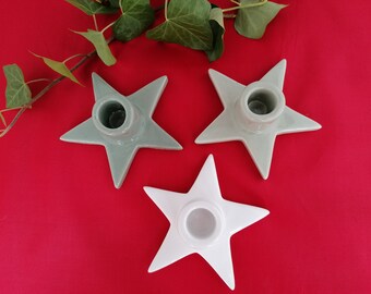 Star-shaped candle holder, in a set of 3, made of ceramic, in light green, dark green and white