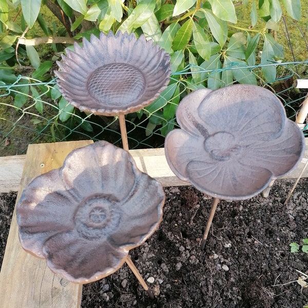 Decorative garden stake with flower motif, 3 assorted, made of cast iron, in antique brown, with ground spike