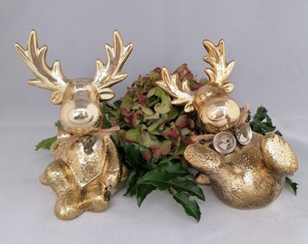 Gold-colored deer, made of shiny ceramic, in a 2-piece set