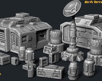 Sci Fi Terrain Miniature Outpost Building and accessories 9 piece set Star Wars Legion table top