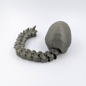 May include: A 3D printed model of a grey alien skull with a segmented spine attached to the back.