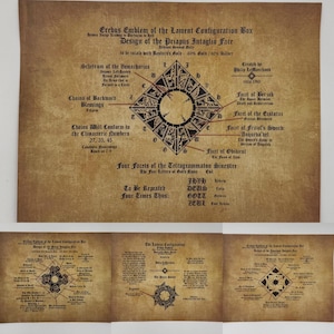 May include: A vintage-style print featuring the "Erebus Emblem of the Lament Configuration Box." The design includes geometric shapes, text, and diagrams in black ink on a sepia-toned background. The print is a design of the Priapus Intaglio Face.