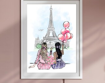Paris Friends Fashion Illustration, Girly Wall Art (Digital File .jpg)