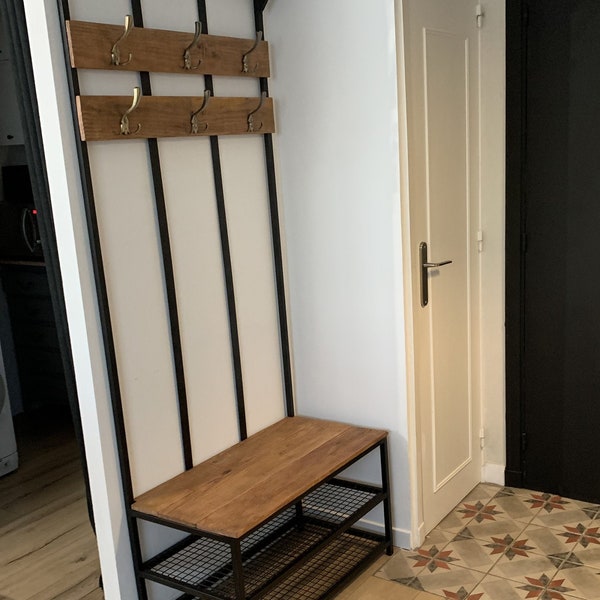 Entrance cabinet coat rack, with bench and storage for shoes