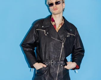 Vintage 90's Smash iconic heavy duty belted biker leather jacket in black ( Size L )