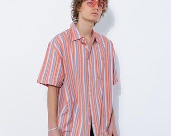 Vintage Y2K Biaggini gestreiftes Kurzarmhemd in Orange&Grau