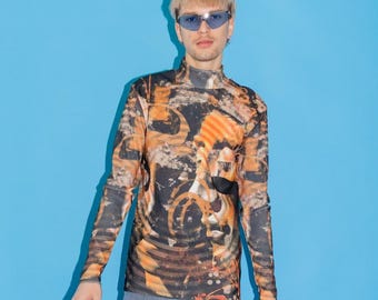 Y2K Jaded London Longsleeve Ribbed Abstract Print Top in Orange