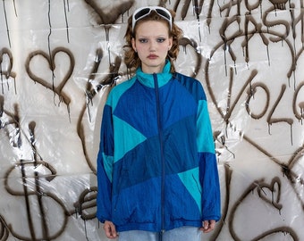 Vintage 90&#39;s colorblock retro track jacket in blue tones
