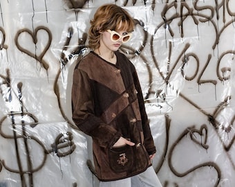 90's Vintage retro suede patched jacket in brown tones