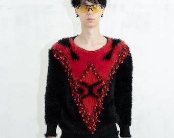90's Vintage iconic retro fluffy pompom jumper in black & red