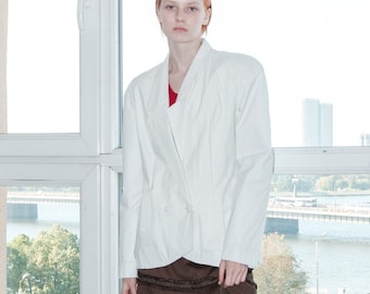 Y2K Vintage White Leather Blazer - Sleek Fitted Jacket (Size M)