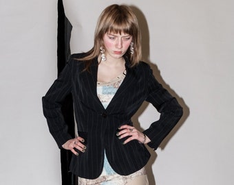 90&#39;s Vintage slim fit office babe pinstripe blazer in black