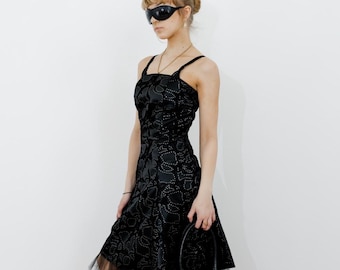 Y2K Vintage Black Velvet Party Dress: Strappy Gold Evening Dress