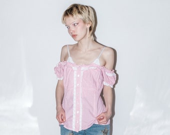 90's Vintage cute gingham off shoulder top in pink & white
