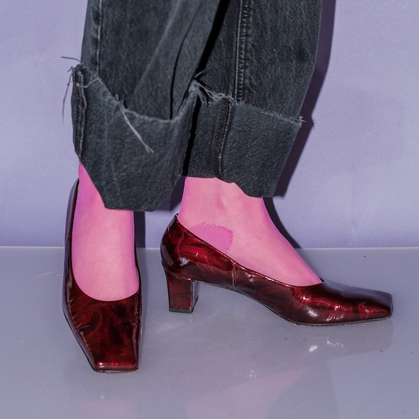 90's Vintage square nose mid-heels shoes in glossy burgundy