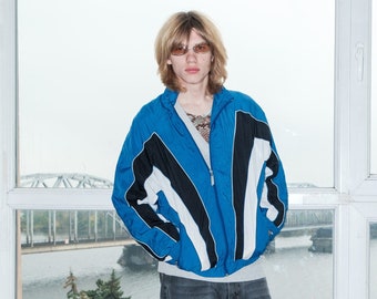 90&#39;s Vintage geometric sport/rave jacket in blue/white/black