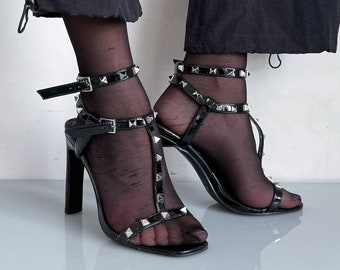 Vintage Y2K party studded strappy heels in shiny black