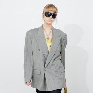90&#39;s Vintage Gustaf Krantz oversized double-breasted pinstripe blazer in gray