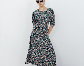 Vintage Sarafaani-jurk met bloemenmotief uit de jaren 90 in zwart en rgb