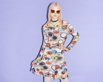 Y2K Vintage chic vestido de verano claro abstracto en blanco y multicolor