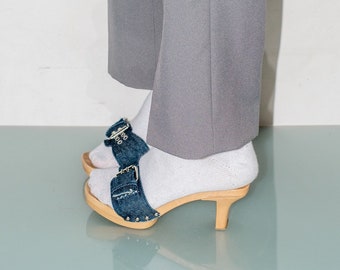 Vintage iconic squared heel denim mules