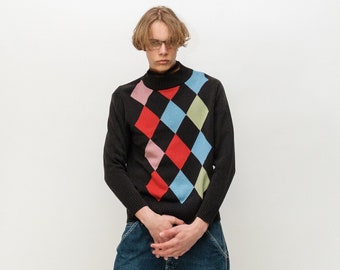 90's Vintage posh argyle print jumper in multicolors/black