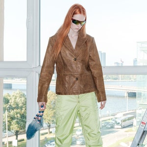 Y2K Vintage Slim Fit Leder Blazer Jacke in Camel Braun Bild 1