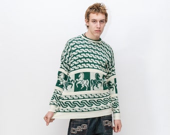 90's Vintage iconic retro horse print jumper in green&white