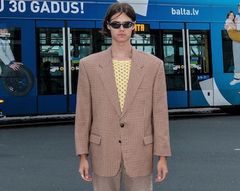 90's Vintage oversized elbow patch plaid blazer in beige