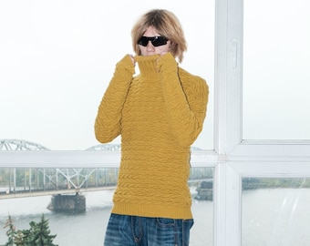 Y2K Vintage wavy knit turtleneck jumper in mustard yellow