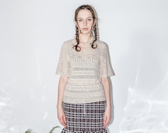 Vintage Y2K drawstring boho crochet top in hay beige