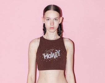 Vintage Y2K baddie diamond detail crop top in choc brown