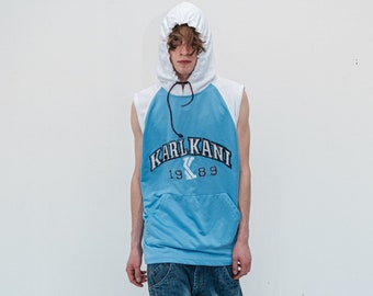 90's Vintage cool hooded vest top in baby blue & white