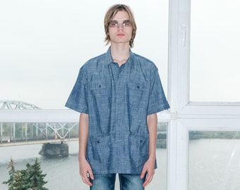 Vintage Y2K striped boxy short-sleeved shirt in cadet blue