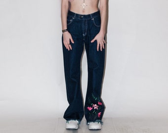 Vintage Y2K flare jeans with floral embroidery in dark wash