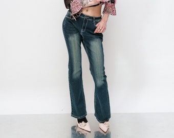 Vintage Y2K stonewash embroidered flare jeans in dark wash