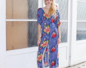 Vintage 90's R2U tie back floral button down maxi sundress in denim blue/red