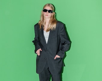 90's Vintage oversized girlboss wool suit in asphalt grey